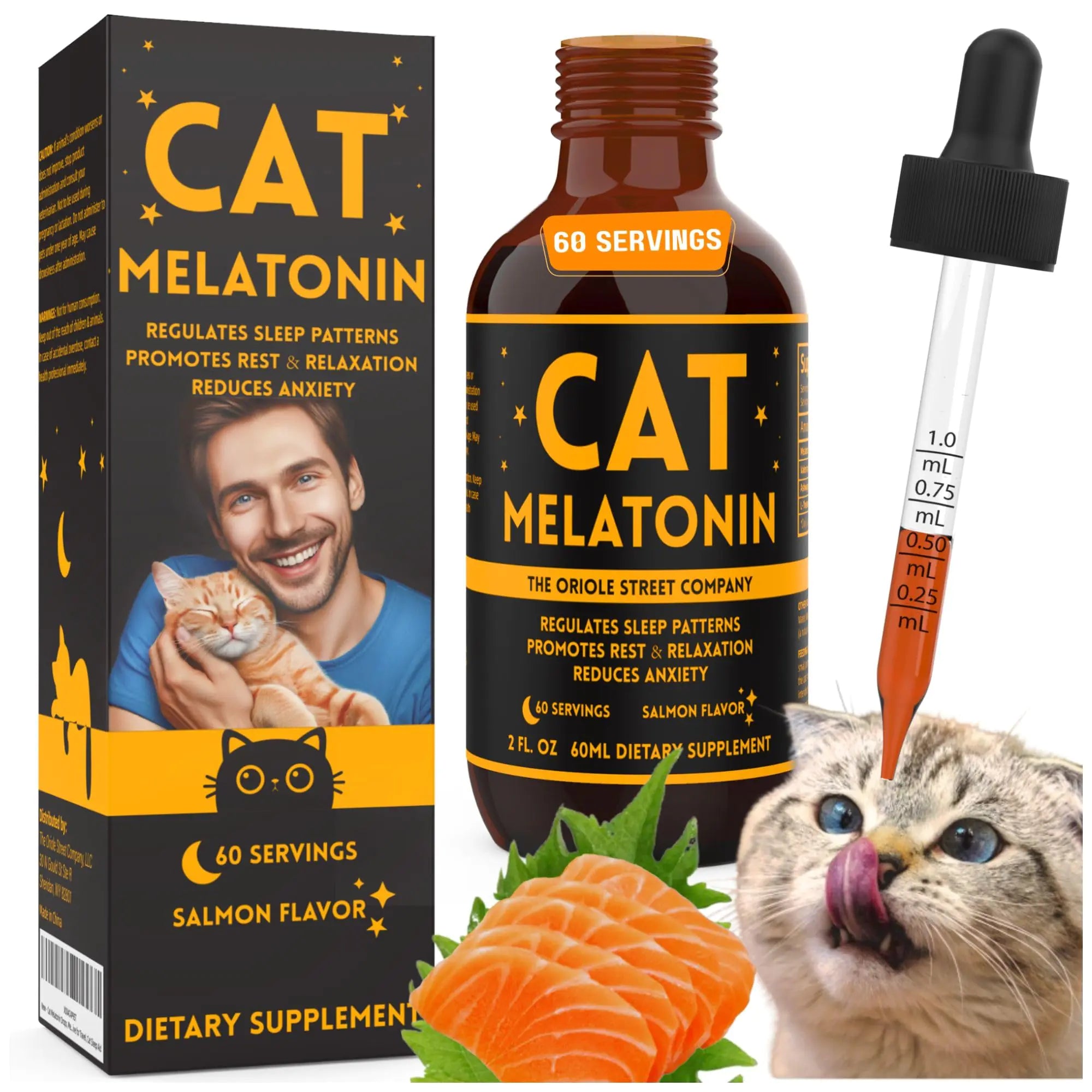Cat Melatonin Treats for Sleep Melatonin for Cats to Sleep Cat Sleep Aid Cat Calming Treats Cat Calming Products Cat Anxiety Relief Cat Travel Anxiety Relief for Cats 60ml Salmon Flavor